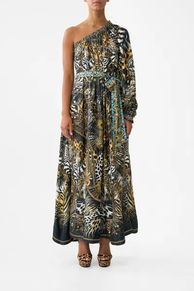 Camilla One Shoulder Dress With Blouson Sleeve Feline Folklore In Multi
