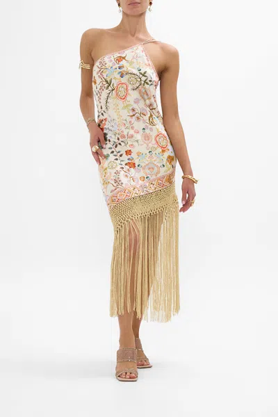 Camilla One Shoulder Dress With Fringe Hem In Honour Of Heirlooms In Neutral