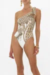 Camilla One Shoulder Tie One Piece With Trim In Goddess Energy