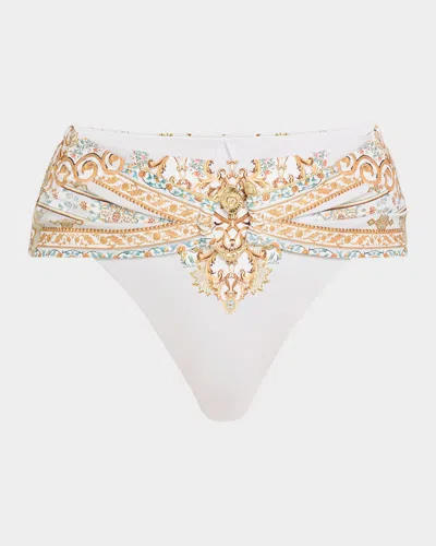 Camilla Ottoman Dynasty High Waist Bikini Bottoms With Pleated Waist Trim In White