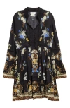 Camilla Ottoman Elegance Long Sleeve Linen & Silk Minidress In Black