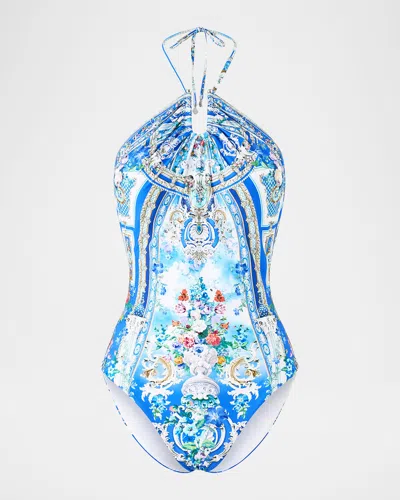 Camilla Ottoman Opulence Diamond Neck Halter One-piece Swimsuit In Blue