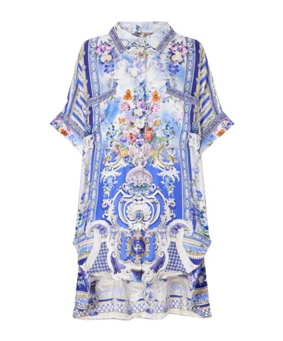 Camilla Oversized Printed Silk Shirt In Blue