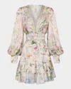 Camilla Button Front Long Sleeve Silk Charmeuse Minidress In Palacio Playground