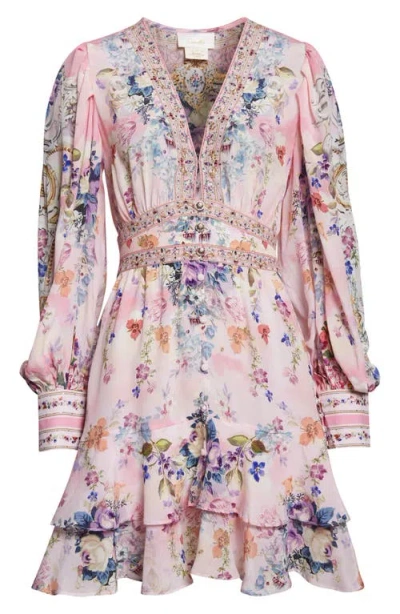 Camilla Palatial Pastels Crystal Embellished Long Sleeve Silk Dress In Multi