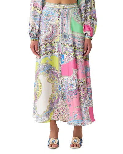 Camilla Paneled Flared Long Silk Skirt In Multi