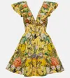 Camilla Tiered Neck Frill Floral Cotton Mini Dress In Multicoloured