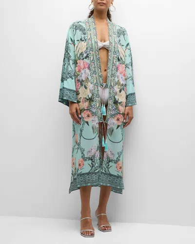 Camilla Petal Promise Land Long Kimono With Neckbands In Blue/green