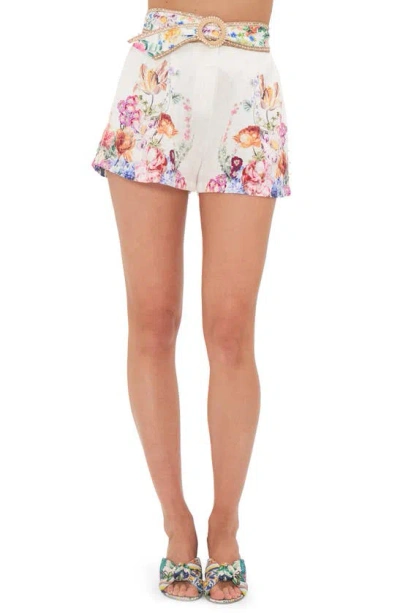 Camilla Plumes And Parterres Tuck Front Belted Linen Shorts In White
