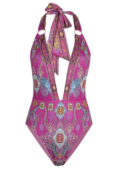 Camilla Plunge Backless Halter One Piece With Ring Ties