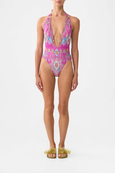 Camilla Plunge Backless Halter One Piece With Ring Ties Concubines In Pink