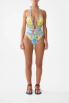 Camilla Plunge Front Low Back Halter Neck One Piece With Rings In Multi