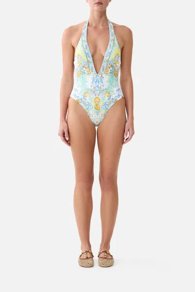 Camilla Plunge Halter One Piece W Bar Front Trim Dial Up The Tiles In Multi