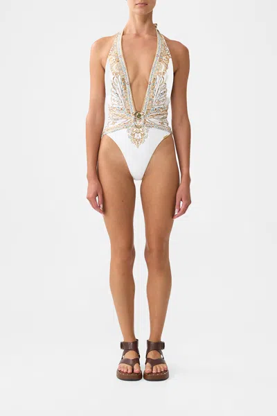 Camilla Plunge Halter One Piece With Pleated Waist Trim Ottoman Dynasty In White