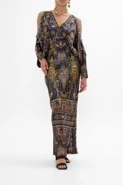 Camilla Plunge Neck Draped Shoulder Dress Cartouche Kingdom In Multi