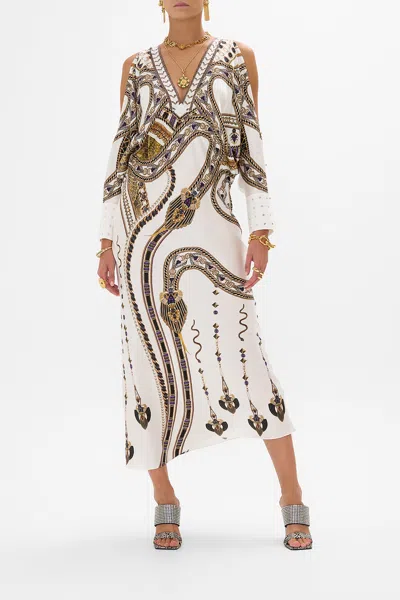 Camilla Plunge Neck Draped Shoulder Dress Goddess Energy In White