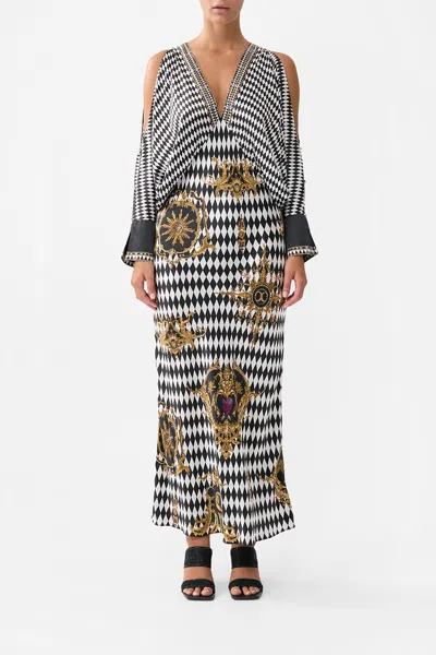 Camilla Plunge Neck Draped Shoulder Dress Monarchy Mania In Black