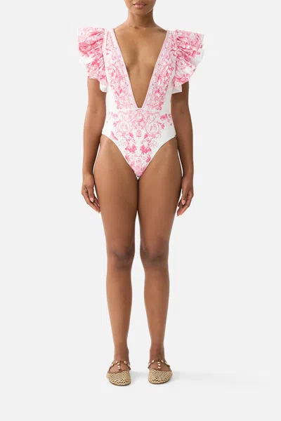 Camilla Plunge One Piece W Pleated Ruffle Sleeves Livin La Vida Rosa In Pink