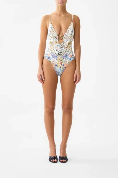 Camilla Plunge V Neck One Piece W Frill And Trim In Multi