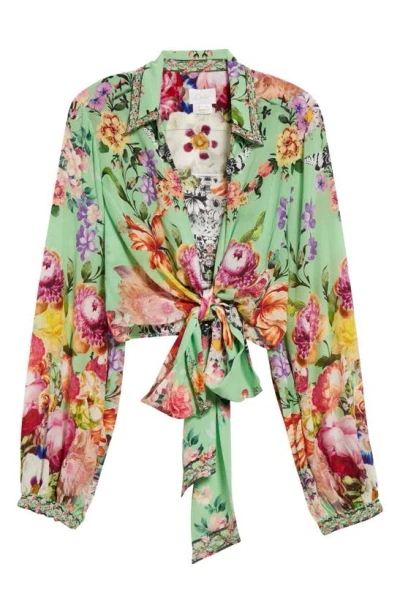 Camilla Porcelain Dream Print Tie Front Silk Crepe Crop Shirt