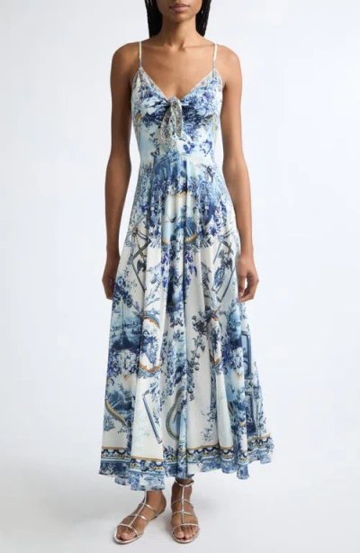 Camilla Porcelain Parlor Print Silk Maxi Sundress In Blue