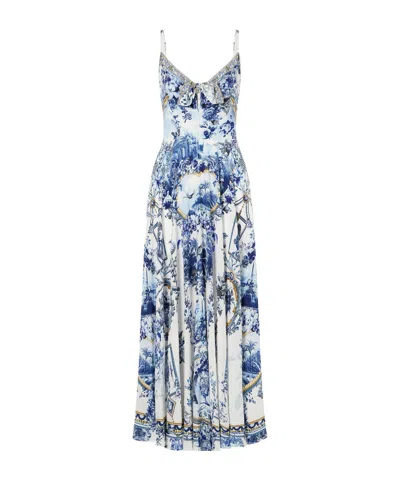 Camilla Porcelain Parlour Tie-detail Crystal-embellished Printed Silk Maxi Dress In Blue