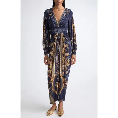 Camilla Print Long Sleeve Maxi Dress In Blue