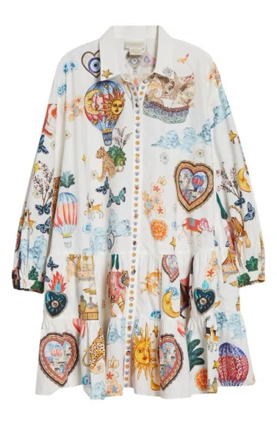 Camilla Print Long Sleeve Tiered Cotton Shirtdress In White