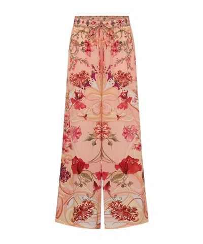 Camilla Blossoms And Brushstrokes Wide-leg Silk Trousers In Pink