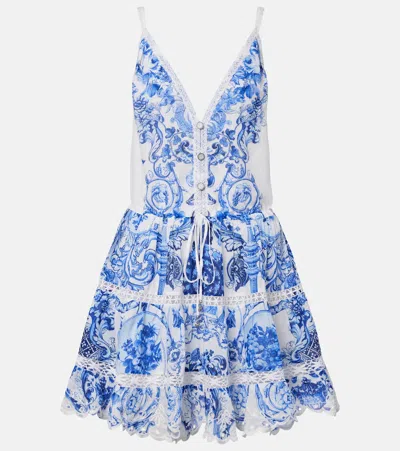 Camilla Printed Embroidered Cotton And Silk-blend Mini Dress In Blue