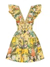 Camilla Tiered Neck Frill Floral Cotton Mini Dress In Yellow