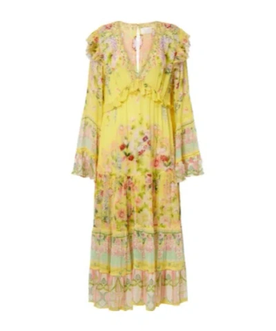 Camilla Printed Ruffled Silk Chiffon Midi Dress In Yellow