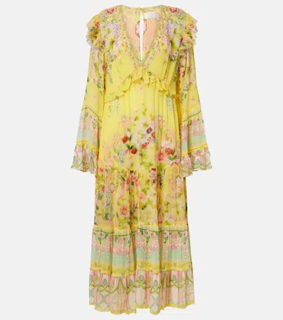 Camilla Printed Ruffled Silk Chiffon Midi Dress In Yellow