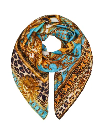 Camilla Printed Silk Scarf In Blue/gold In Brown