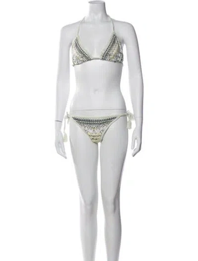 Pre-owned Camilla Printed Tassel Accents Bikini In White