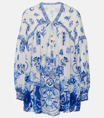 Camilla Printed Tie-neck Silk Blouse In White