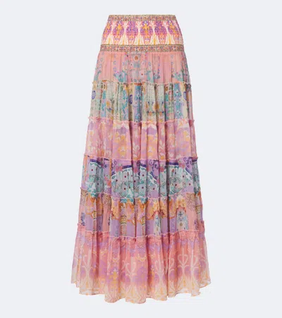 Camilla Gaudi Print Smocked Waist Tiered Silk Maxi Skirt In Animal Print