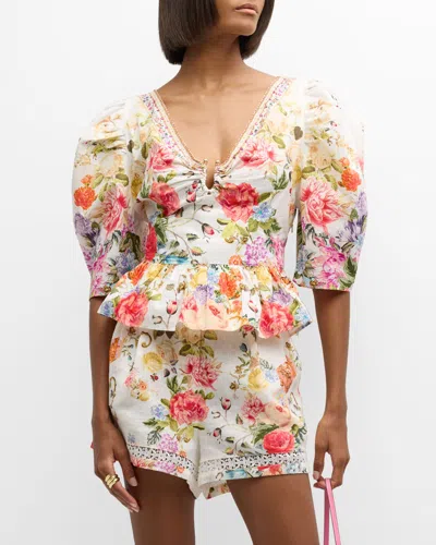 Camilla Puff-sleeve Floral Cotton Top With Hardware In White