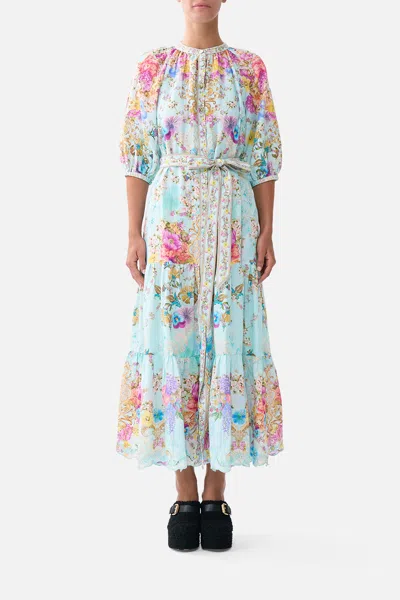 Camilla Puff Sleeve Midi Shirt Dress With Tie Bazaar Blooms In Blue