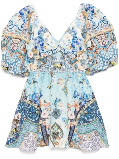 Camilla Al Manial Palace Memoirs Twist-front Crystal-embellished Linen And Silk-blend Mini Dress In Blue