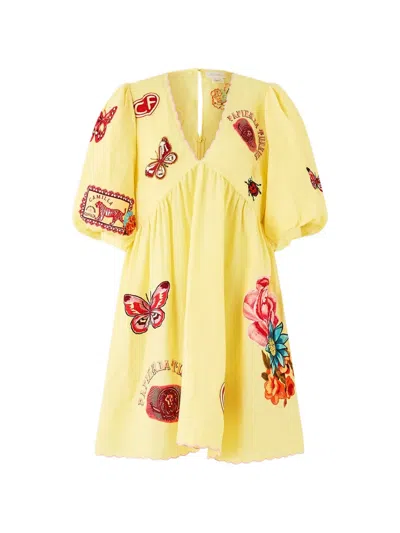 Camilla Puff-sleeve V-neck Mini Dress In Yellow