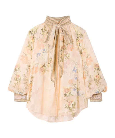 Camilla Crystal-embellished Pussy-bow Floral-print Silk-blend Jacquard Blouse In Neutral