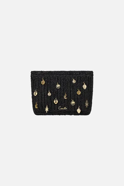 Camilla Raffia Clutch With Charms Solid Black