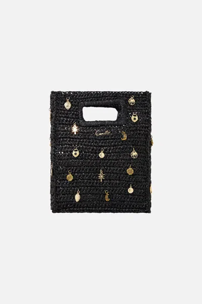 Camilla Raffia Mini North South Tote With Charms Solid Black