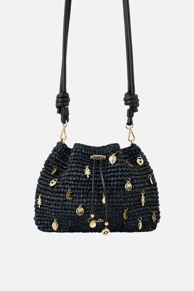 Camilla Raffia Pouch Bag With Charms Solid Black In Red