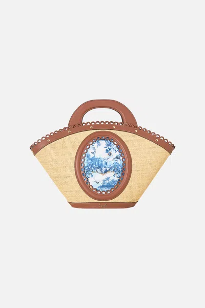 Camilla Raffia Tote With Leather Trims The Porcelain Parlour In White