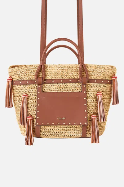 Camilla Raffia Tote With Tassels Natural In Brown