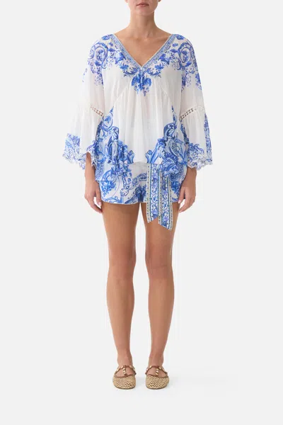 Camilla Raglan Blouse With Sleeve Ruffle Ceramic Panoramic In White