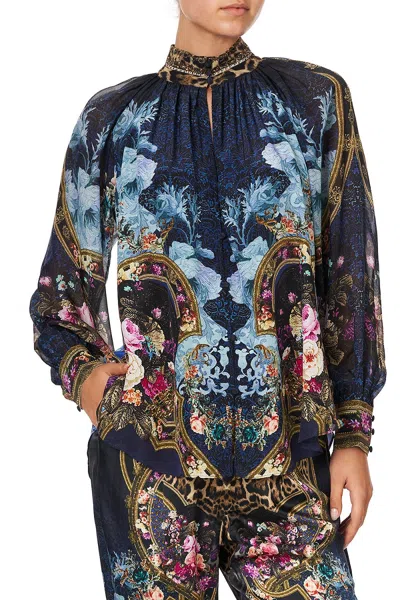 Camilla Raglan Button Up Shirt Fields Of Treasure In Blue