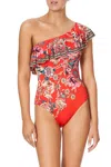 Camilla Red One Shoulder Swimsuit In Floral Print In Red